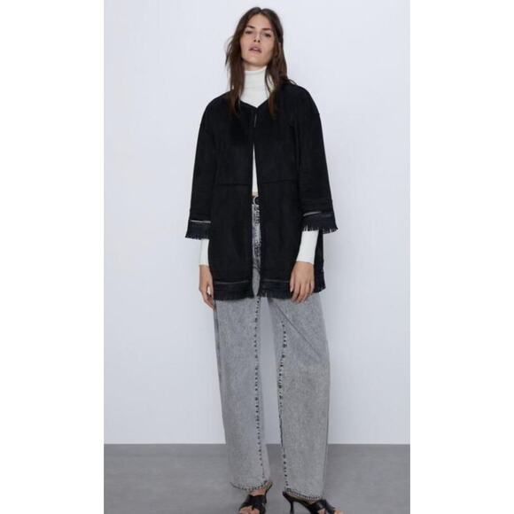 NEW! Zara XL Oversized Bohemian Fringe Faux Suede Kimono Jacket Black 14 16 18 - Picture 10 of 10